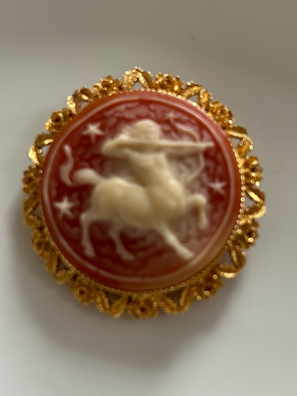 Vintage Zodiac Sagittarius Cameo Brooch - Coral and Cream with Gold Filigree